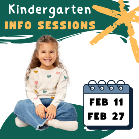 Kindergarten student smiling, dates for information meetings are Feb 11 and Feb 27